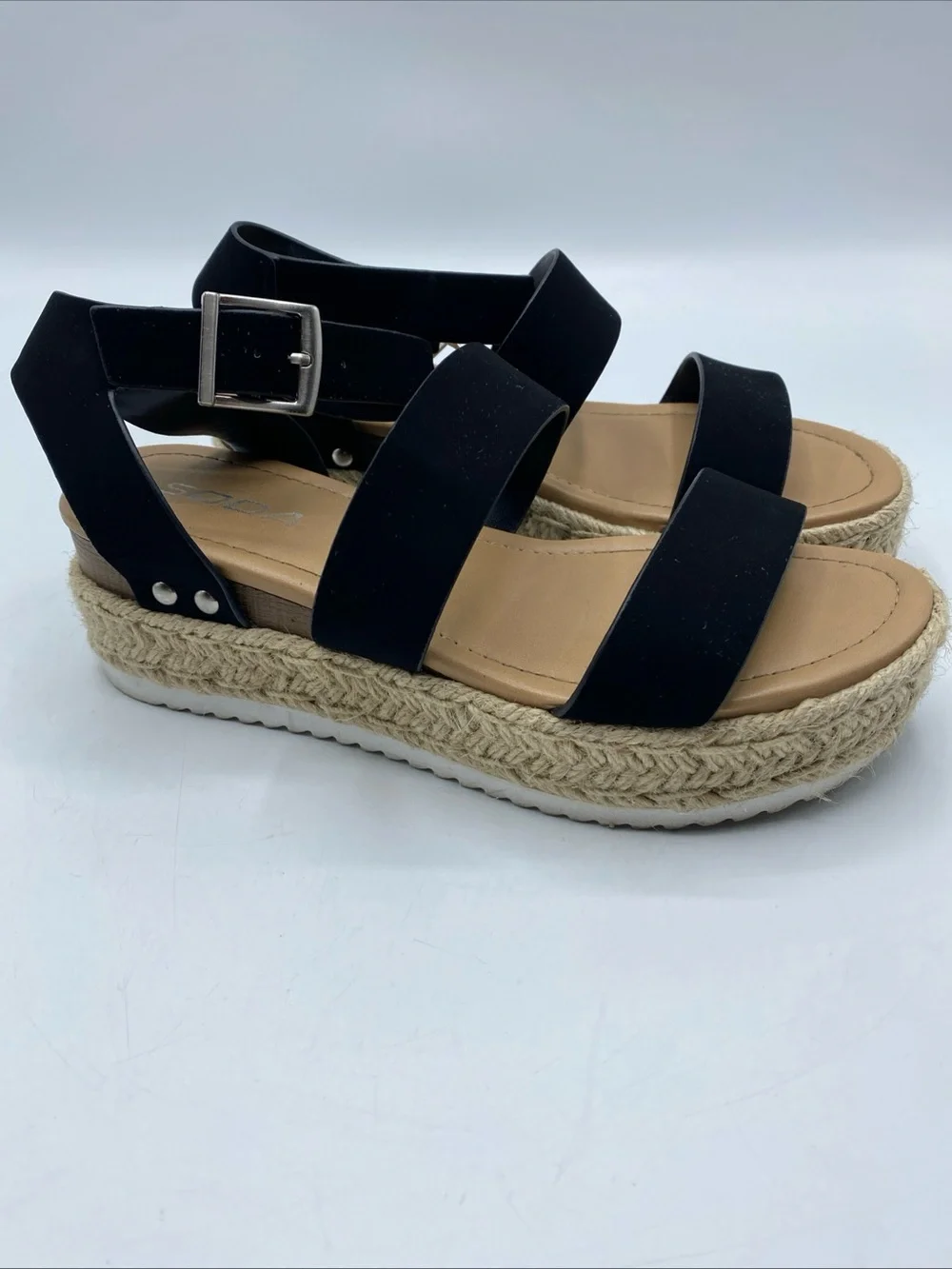 Espadrille Elevated Sandals Natural Woven Black Strap Summer Shoe 6 Soda